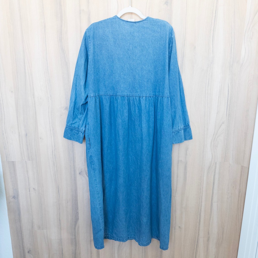 Vintage Denim Maxi Dress XL Blue Frog Closure Long Sleeve Prairie Cottage Boho - Picture 6 of 7